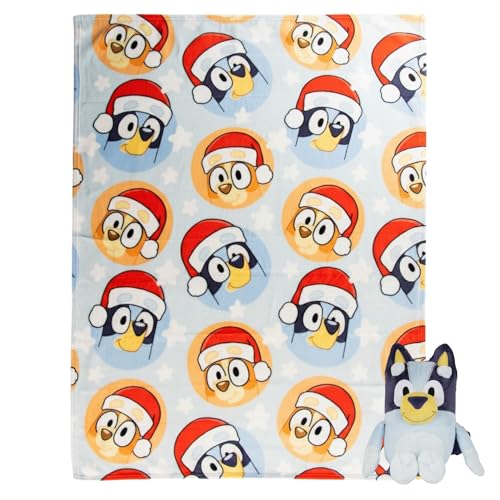 Jay Franco Kids Christmas Hugger Set – 12" Plush Pillow Buddy & 46" x 60" Fleece Throw Blanket, Ultra-Soft Bedding & Travel Set, Holiday Bedroom & Couch Décor, Blue - Bluey - color: Blue - Bluey