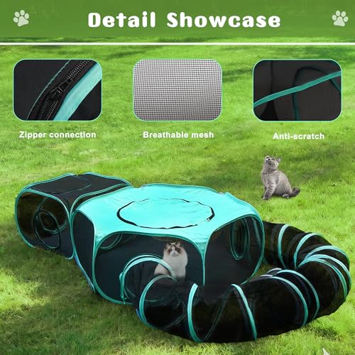 Large Outdoor Cat Enclosure Pop-Up Tent, Portable 3-in-1 Modular Pet Playpen with Zippered Mesh Windows for Indoor & Outside Use, Travel, Backyard, Park - color: green