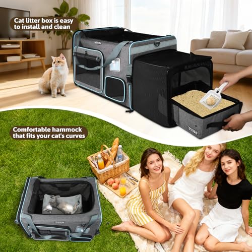 Side Expandable Extra Large Cat Carrier with Litter Box, Grey | 24"L x 17"W x 17"H, Privacy Curtain and Lockable Safety Zippers, for Long Distance Car Travel, Cats Under 55 lbs - color: grey
