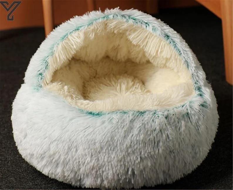 Cat Bed Round Fluffy Hooded Cat Bed Cave, Anti-Anxiety Cave Bed with Hooded Blanket, Cozy Cuddler Luxury Puppy Pet Bed, Anti-Slip Bottom and Machine Washable (Green, Large) - color: Green, size: Large