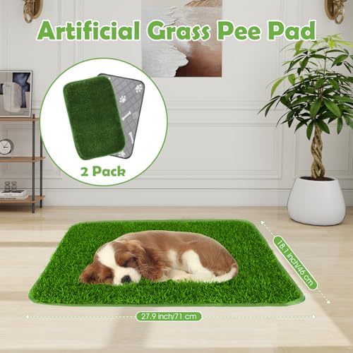 Dog Grass Pad with Washable Pee Pad - 28"x18" Artificial Grass Puppy Training Mat, Non-Slip & Super Absorbent, Reusable Indoor/Outdoor Potty Solution for Small/Medium Dogs