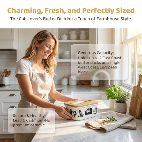 Cute Cat Kitten Print Ceramic Butter Dish with Bamboo Lid & Butter Knife, Covered Butter Container, Butter Keeper Fits Standard Western Butter Stick for Kitchen Countertop Fridge Storage - color: funny cat