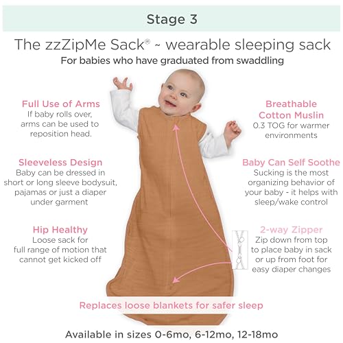 SwaddleDesigns Muslin zzZipMe Sleeping Sack, for Baby Boy and Girl, Wearable Blanket with 2-Way Zipper - color: Heathered Butterum, size: Medium (6-12 Month)