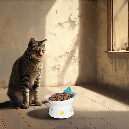 Cute Ceramic Raised Cat Bowls Elevated Design, 15° Tilted FeederProtect Cat's Spine Anti Vomiting Blow for Flat Faced Cats, Kitten Small Dogs,Raise Tilted Cat Food Bowld Pet Dishes(Blue) - color: Blue