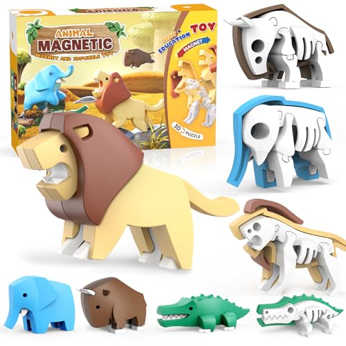Magnetic Animal Building Toys, STEM Toddler Learning Toys 3D Puzzle Animals for Boys Girls, Educational Magnetic Travel Montessori Toy Lion Elephant Crocodile, Unique Birthday Gift for Kids 3 4 5 6 7 - style: Savanna Animals