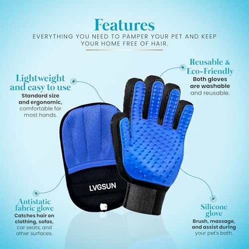 Cat Grooming Kit for Shedding – Deshedding Gloves + Self-Cleaning Mitt | Pet hair remover set for shedding - brush gloves for cats & dogs with long or medium coats, self-cleaning mitt