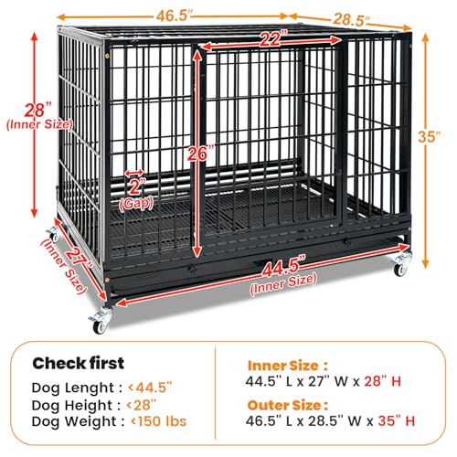 Homey Pet Stackable Heavy Duty Large Dog Crate Cage Kennel for Large Dogs | 47 Inch Black Solid Indestructible Kennel with Lockable Wheels, Double Door, Removable Dual Trays, Escape Proof Auto Locks - size: 46.5"L x 28.5"W x 35.0"H