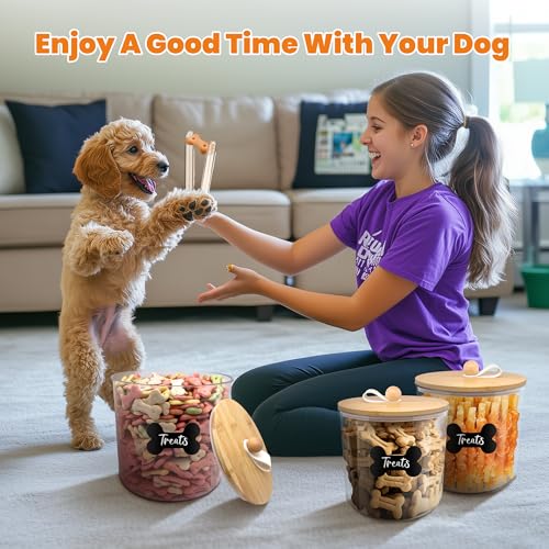 HOYTAMDAR 3 Pack Airtight Dog Treat Containers Bamboo Lids, Dog Treat Jars | Dog Food Storage Container with Scoops, Clamps, Labels and Marker, Dog & Cat Treat Holder - color: Wood - 3 Pack