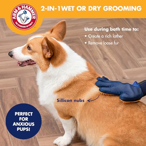 Arm & Hammer Deodorizing Dog Grooming Glove, Lily & Vanilla Scent | Fragrance transfer technology, baking soda infused, deshedding glove, for bathing and dry grooming daily - size: 1-Pack, style: Grooming Pet Glove - Sweet Lily & Vanilla