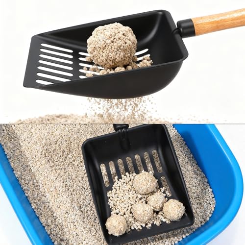 Cat Litter Scoop, Metal Litter Scoop, Short with Holder | Heavy Duty Metal Cat Scooper for Litter Box, Black Sifter Scoop for Pellets, Wooden Handle Scoop with Hole, Kitty Necessity - size: Cat Litter Scoop Short with Holder