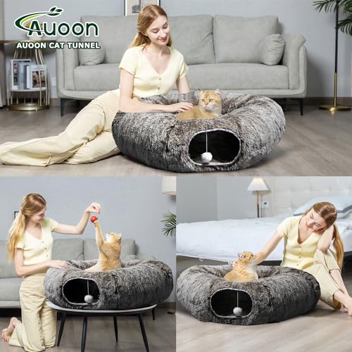 AUOON Plush Cat Tunnel Bed for Indoor Cats, 36" L x 36" W x 11.5" H, Brown | 2 in-1 Interactive Cat Toy, with Hanging Ball Toy, Machine Washable Center Pad, for Kitten Puppy Rabbit Ferret - color: Brown