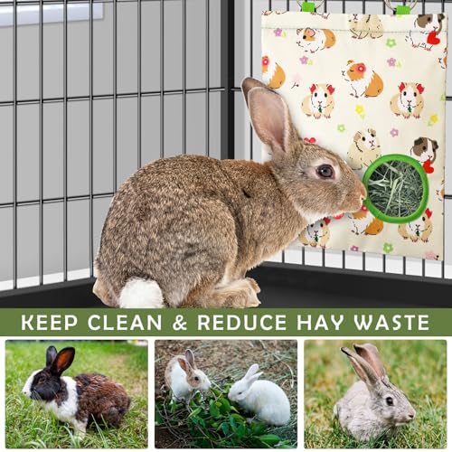JarThenaAMCS 2 Pcs Guinea Pig Hay Feeder Bag with 2 Holes Hanging Hay Feeding Bag Beige Flower Floral Storage Dispenser for Chinchilla Hamster Bunny Small Animal Pet, 11.5 x 9 Inch