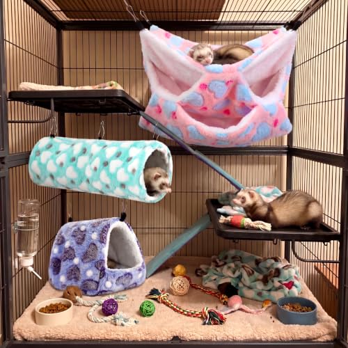 Abbylike 9 Pieces Rat Hammock 3 Tier Guinea Pig Ferret Hammocks Small Pet Hanging Tunnel Glider Toy Guinea Pig Ferret Hideout Bed Cage Accessories for Hamster(Green, Purple, Pink,Heart) - color: Green, Purple, Pink