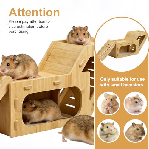 Wooden Hamster Hideout,Hamster Hideout Cage Accessories with Ladder(Z) | Platform for Syrian Hamsters Dwarf Gerbil Mouse - color: Bamboo-Light