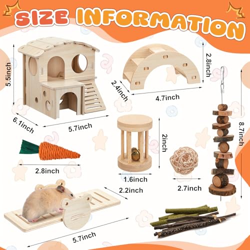 8 Pcs Hamster Cage Accessories Hamster Starter Kit with Maze Wood House, Bridge, Seesaw, Chew Toys Set for Gerbils and Mice Small Animals Habitat Supplies(Fun Villa) - style: Fun Villa
