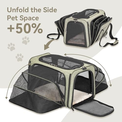 Petsfit Large Double Expandable Cat Carrier for Large Cats and Small Dogs | 19 x 12 x 12 in; dual-side expansion for large cats and small dogs, with anti-sag frame and locking zippers; up to 18 lb. - color: Green, size: 19"L x 12"W x 12"H