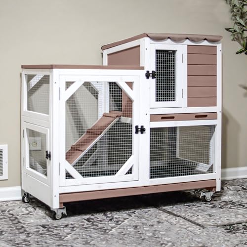 Gutinneen 2-Story Rabbit Hutch Bunny cage Wooden Rabbit Cage Indoor/Outdoor with Chew-Proof Ramp, 2 Leak-Proof Pull-Out Trays, Lockable Wheels for Rabbits, Guinea Pigs, Small Animals (Brown and White)