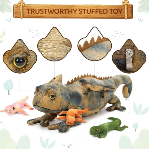 Lizard Stuffed Animal with 4 Babies, 27“ Gray Chameleon Plush Toy | Soft Reptile Plushies; Zipper Belly Storage; Hide-and-Seek Pretend Play; Birthday and Christmas Gift for Kids - style: Lizard Gray