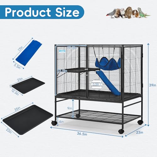 HABUTWAY 40''H Large Metal Rolling Ferrets Cage, 2-Tiers Small Animal Cages, Cage for Rats/Chinchillas, 0.5'' Bar Spacing for Ferret,Small Animal Cage w/Removable Ramp & Platform - size: 36.0"L x 23.0"W x 39.0"H