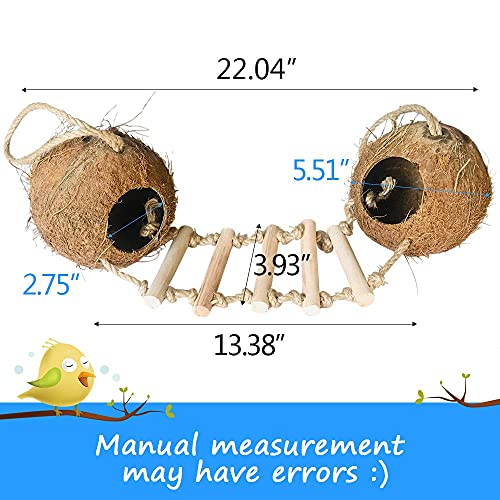 Bird Hides Coconut Nest with Wood Ladder,Syrian Hamster Cage Hanging Natural Coco Shell Hut Hide Toy with Wooden Bridge,Hollow Hideaway Toys for Small Animal Rat Lovebird Finches - size: 1PCS 22.04x13.38in