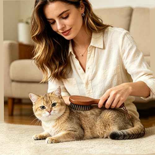 Boar Bristle Cat Hair Brush,Gentle Grooming Brush for Short Haired Cats, Kittens, Small Dogs, Rabbit, Furry Pets Soft Natural Bristles Pet Brush with Wooden Handle for Sensitive Skin