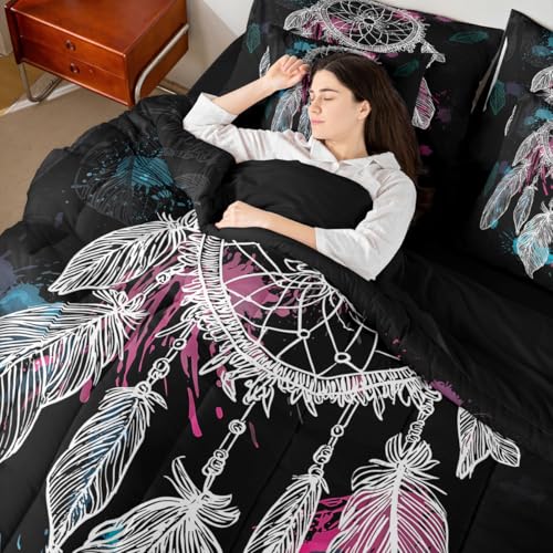 Erosebridal Dream Catcher 7 Piece Bedding Set King Bohemian Mandala Comforter Set with Sheets Feathers Exotic Indian Style Bed in A Bag Kids Boys Girls Teens Bed Sets - color: Black, size: King