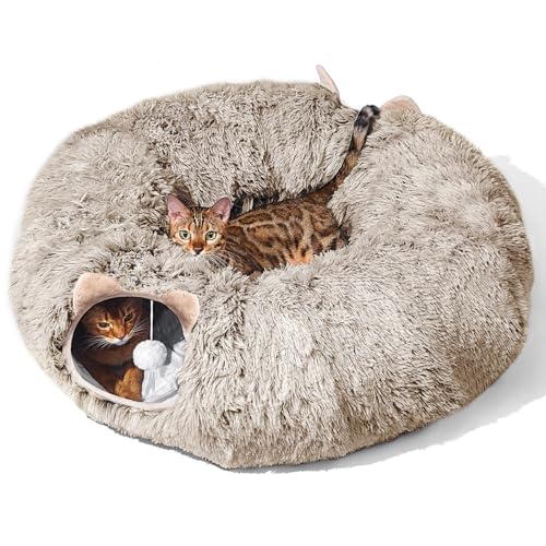 Cat Tunnel with Cat Bed for Indoor Cats, Soft Plush Peekaboo Cat Cave Donut Tunnel, Multifunctional Playground Toys Hideplace for Small Medium Large Kittens, Rabbit, Ferret, Brown - color: BROWN