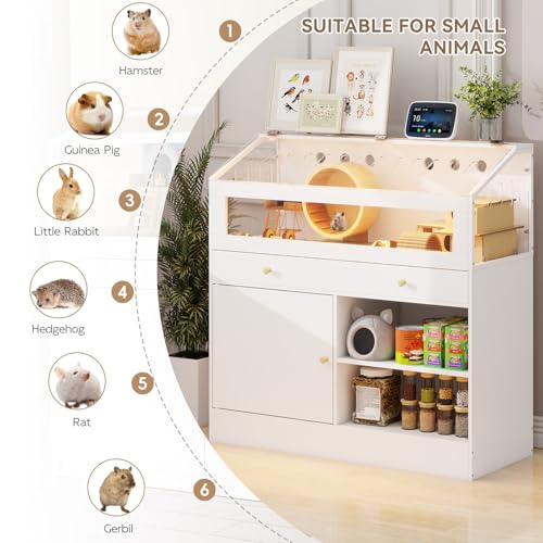 Hamster Cage with Storage Cabinet, Small Animal Habitat – Furniture-Style Enclosure with Built-in LED Light & Acrylic Panels for Hamsters, Guinea Pigs, Rabbits