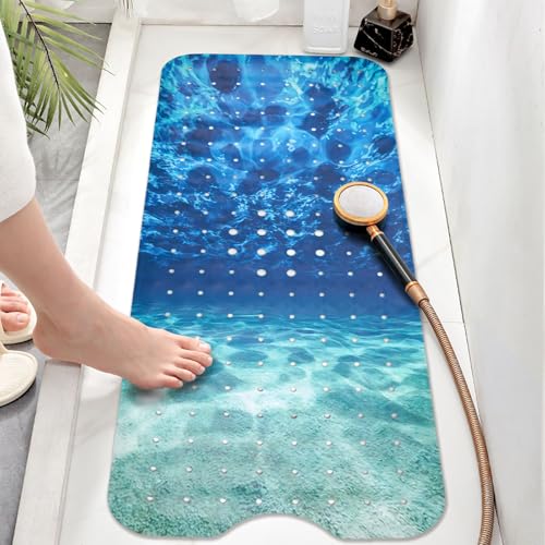 Seawater Bathtub Mat Non Slip, Ocean Waves Bath Tub Mat Baby Bath Mats for Bathroom Anti Slip Shower Mats for Inside Shower, Underwater Bathmat with Suction and Drain Holes Machine Washable, 40″x16″ - color: D02, size: 40" x 16" (Rectangular)
