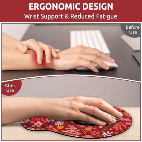 KONVINIT Ergonomic Mouse Pad with Wrist Rest, Small Mousepad with Non-Slip Rubber Base and Smooth Surface, Red Mouse Pads for Desk, Office Desk Accessories - color: Red Flowers