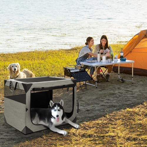 Zikopomi 30 Inch Portable Travel Dog Crate, 3 Door Collapsible Soft Pet Kennel with Durable Mesh Windows for Small and Medium Dogs, Foldable Dog Cage with Storage Pocket for Outdoor (Light Grey) - color: Light Grey, size: 30.0"L x 21.0"W x 21.0"H