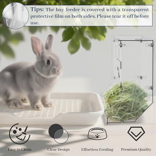 Large Acrylic Rabbit Hay Feeder with Lid, Transparent Hanging Food Dispenser Hay Feeder for Bunny Rabbits Guinea Pig Cage Chinchillas Hamsters Small Pets and Animals（Large - size: L