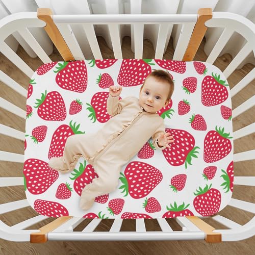 Pink Strawberries Baby Crib Sheets for Boys Girls 28x52 Inch | Cartoon Retro Kawaii Strawberry Pattern Mattress Cover Cute Fruit Toddler Bed Sheets Standard Fitted Unisex Crib Sheets - color: Pink, size: 52*28*9 In
