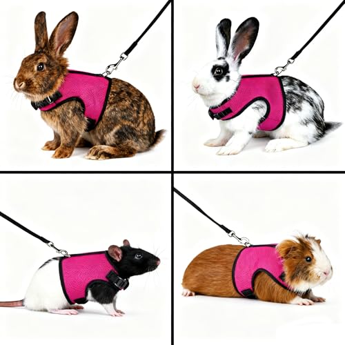 Bunny Leash and Harness Escape Proof,Soft Rabbit Mesh Vest Hot Pink L | Soft Adjustable Buckle for Ferret Guinea Pig Hamster Squirrel Rat Walking Small Animal Pets - color: Hot Pink, size: L(Neck:6"-7.5" Chest:7.8"-11.8")