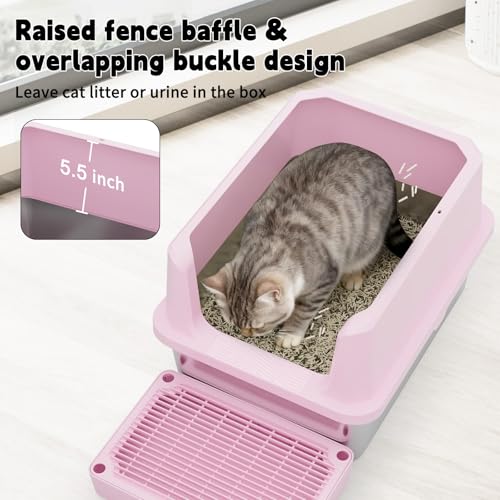 RIZZARI Cat Litter Box Anti-Scatter: Open-Room for Large Cats & Multi-Home | Odor-Free Steel Pan / Paw-Massage Entry Trap / Raised Anti-Spill Edges / Fits Maine Coon & 2+ Cats / Easy-Scoop Open View - color: Pink