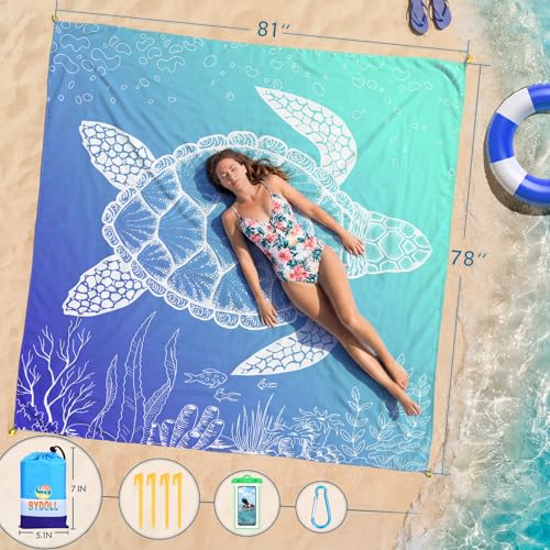 BYDOLL Beach Blanket Waterproof Sandproof,78''X81''/78''X110'' Large Sand Free Oversized Lightweight Sand Resistant Blanket, Picnic Mat for Beach Travel Camping Hiking Essentials - color: Sea Turtle, size: 78''X81"