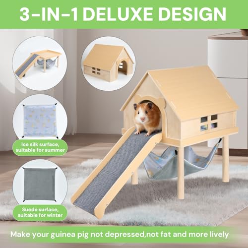 Guinea Pig Hideout- Wooden Guinea Pig Toys with Stairs and Mat & Hammock, Detachable Double-Decker House for Small Animal Toys for Hiding Sleeping Activities