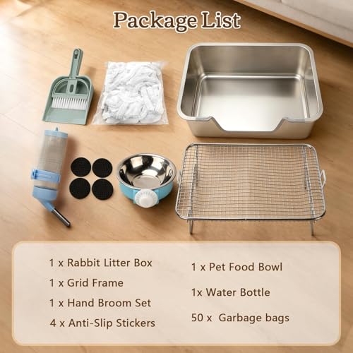 Rypet Large Stainless Steel Rabbit Litter Box Set for Small Animals | High Sides & Low Entry, 304 Stainless Steel Sifting Tray, Bowl and Bottle Included, Non-Slip, Easy to Clean, Odor Control - size: M(17.7" × 13.8" × 5.9")
