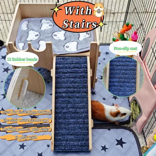 Guinea Pig Hideout, Small Animals House with | Mat Ramp | Cave | Blanket | Toy |, Wooden Detachable Castle for Guinea Pig Cages Accessories, Bed Hut Habitats for Hamster Bunny Playing Sleeping Hiding