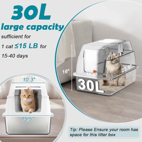 SZEE XL Stainless Steel Litter Box with Lid, Extra Large Metal Covered Litter Box, Stainless Box Easy Clean, Activated Charcoal Odor Control Design, Includes Litter Scoop & Mat & Step, White - color: White