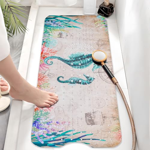 Ocean Bathtub Mat Non Slip, Cute Baby Bath Mat for Tub Rubber Tub Mat, Seahorse Coral Toddler Kids Bath Mats for Bathroom Anti Slip Shower Mat with Suction and Drain Holes Machine Washable, 40″x16″ - color: D07, size: 40" x 16" (Rectangular)
