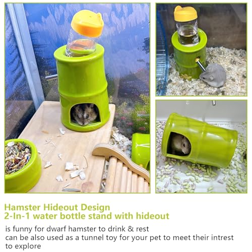 Hamiledyi Ceramic Hamster Hideout Food Bowl Water Bottle Stand Holder Dispenser Syrian House and Habitats Hide Hut Bed Cage Accessories Decor for Mice Dwarf Hamster Gerbil Rat