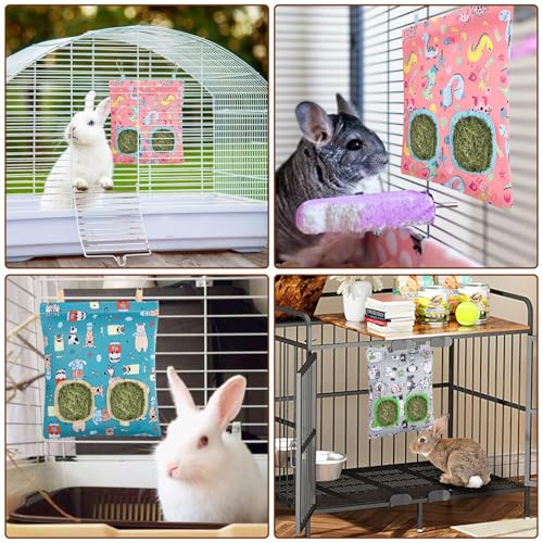 UPINS 3Pack Guinea Pig Hay Feeder Bag,Bunny Rabbit Cage Bag Hanging Holder | Guinea Pig Cage Feeder,for Bunny Rabbits,Chinchillas,Hamsters,Small Pets,and Animals - color: Pink Blue Gray