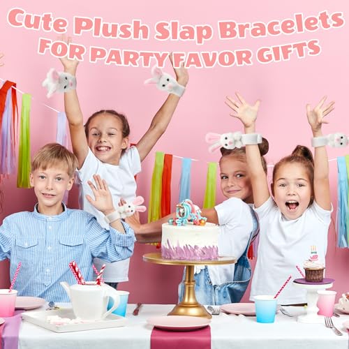 Lenwen 8 Pcs Stuffed Bunny Rabbit Animals Slap Bracelets for Kids 8.66 Inch Back to School Plush Animal Bracelets Adopt a Bunny Party Favors Wrist Slap Snap Band Toy for Boys Girls Birthday Gifts - style: Rabbit