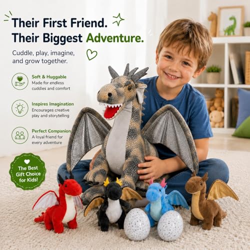 Dragon Plush with 4 Babies, 21.7" Dinosaur Stuffed Animal, Gray | 7Pcs Dragon Plush Family; Mommy, 4 Baby Dragons & 2 Eggs; Zipper Belly Pretend Play; Birthday & Christmas Gift for Kids - style: Dragon Gray