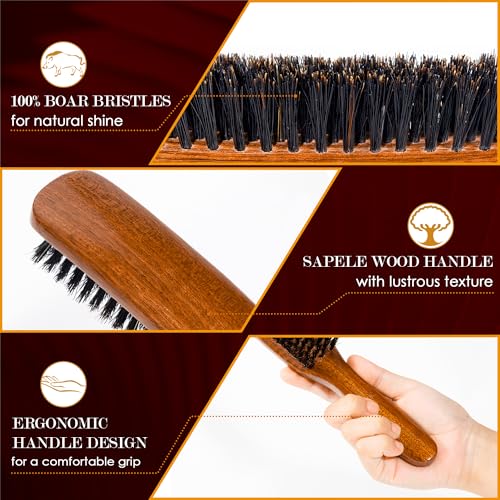 STYLEMATE Sapele Wood Boar Bristle Hair Brush for Women Men, Soft Slick Back Hair Brush for Thin & Fine Hair, Smoothing Hairbrush for Polishing, Deepening & Styling - size: 1 Count (Sapele)