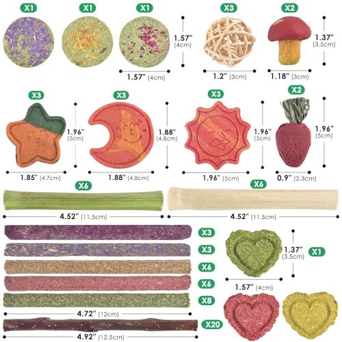 ERKOON 80PCS Bunny Chew Toys for Rabbits Teeth, Natural Rabbit Toys Apple Wood Sticks, Carrot, Timothy Grass Treats for Small Pets, Hamster, Chinchilla, Guinea Pig Dental Care and Treat Teething Toys - size: 80