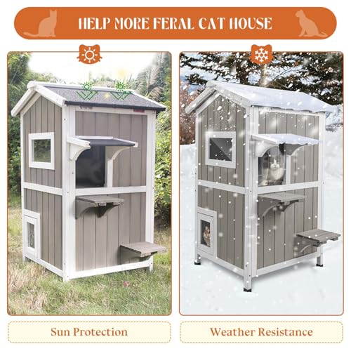 Outdoor Cat House Weatherproof Cats Shelter for Feral Kitten Pet Houses for 1-2 Small Animlas 2 Story Wooden Houses for Indoor Outdoor Cats with Escape Doors (23.5" L x 27" W x 38" H Grey) - style: 23.5"L x 27"W x 38"H GREY