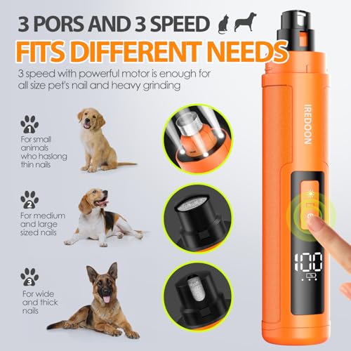 Dog Nail Grinder with 4 LED Lights, 3 Speeds Super Quiet for Pets | Low Vibration, Electric Pet Nail Grinder with 4 LED Light, Painless Paw Grooming & Smoothing for Small to Large Dogs (Orange) - color: Orange