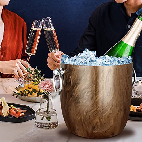 Ice Bucket with Lid, Scoop, Tongs and Strainer - Well Made Insulated Stainless Steel Keep Ice Frozen Longer - Ideal for Cocktail Bar, Parties, Chilling Wine, Champagne - 3 Liter (Teakwood) - color: Teakwood